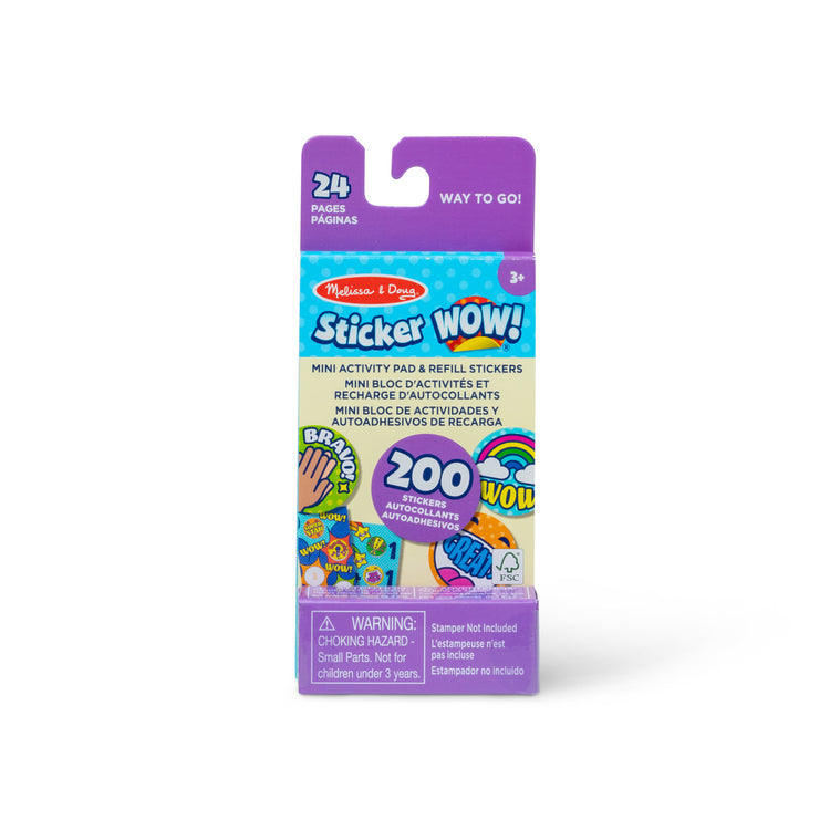 The front of the box for The Melissa & Doug Sticker WOW!™ Mini Activity Pad and 200+ Refill Stickers for Sticker Stamper Arts and Crafts Fidget Toy Collectibles – Assorted Way to Go! Reward Stickers