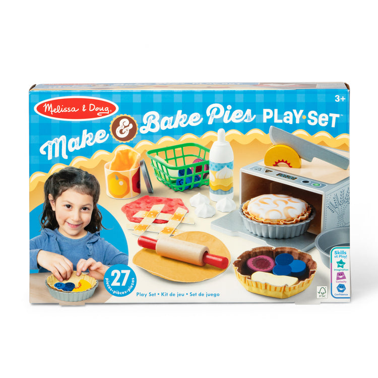 The front of the box for The Melissa & Doug Make and Bake Pies Pretend Play Food Set And Wooden Oven With Squishy Dough for Ages 3+