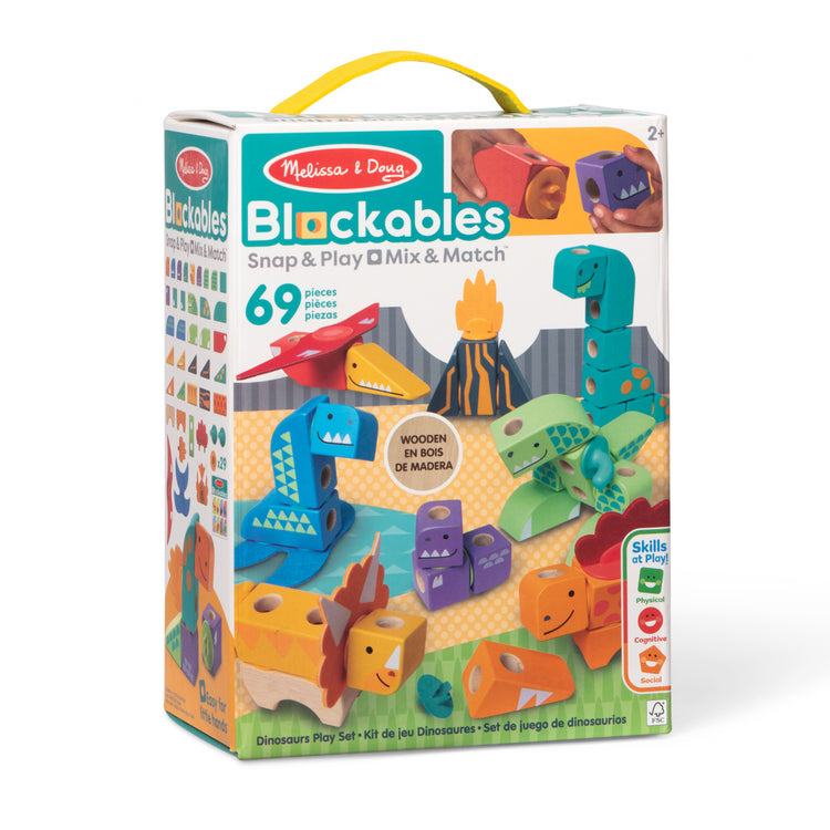 The front of the box for The Melissa & Doug Blockables™ Dinosaur Snap And Play, Mix And Match Connectable Wooden Building Blocks Play Set Toy for Preschool Boys And Girls (69 Pcs)
