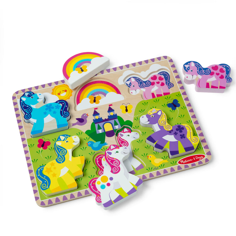 An assembled or decorated image of The Melissa & Doug Wooden 6-Piece Unicorn and Rainbow Chunky Puzzle for Toddler Boys and Girls 2+