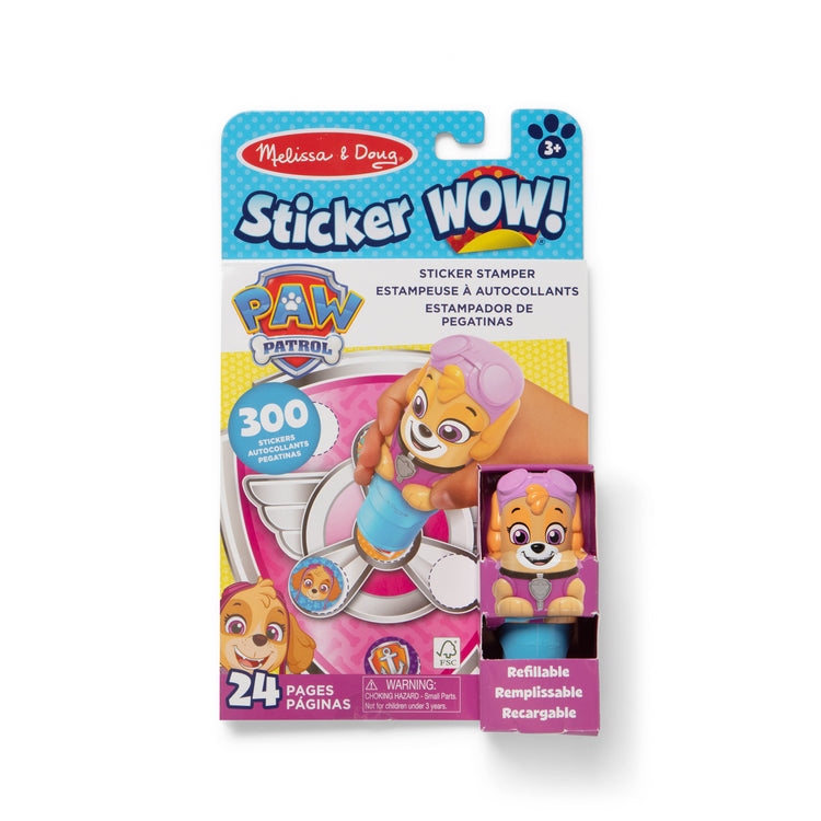 The loose pieces of The Melissa & Doug Sticker WOW!™ 24-Page Activity Pad and Sticker Stamper, 300 Stickers, Arts and Crafts Fidget Toy Collectible Character – PAW Patrol Skye
