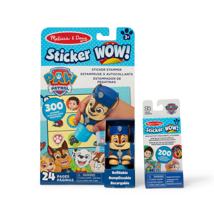 The front of the box for The Melissa & Doug Sticker WOW!™ PAW Patrol Chase Bundle: 24-Page Activity Pad, Sticker Stamper, 500 Stickers, Mini Pad, Arts and Crafts Fidget Toy Collectible Character