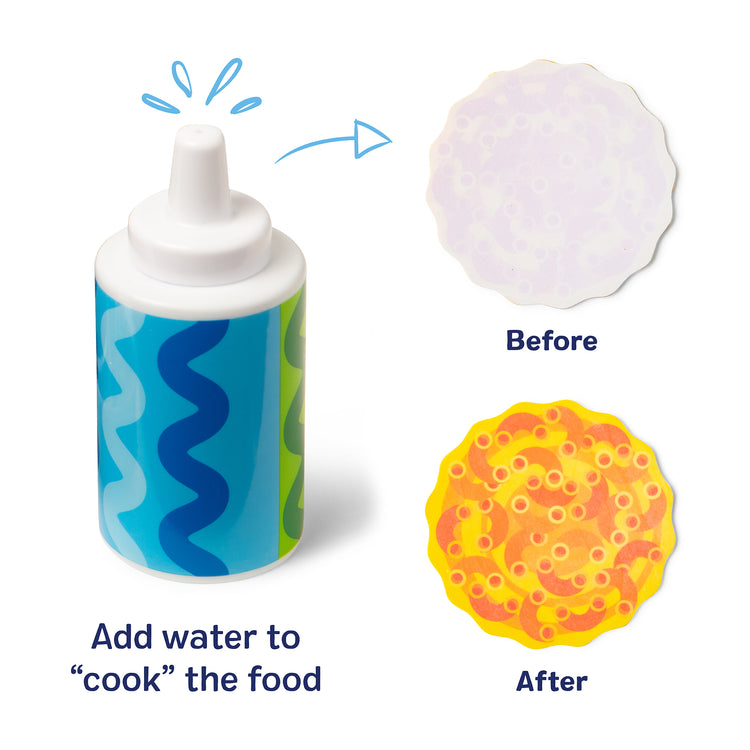 A kid playing with The Melissa & Doug Simmer & Stir Stovetop Play Set with Water WOW!® Color Changing Play Food Preschool Toy Ages 3+