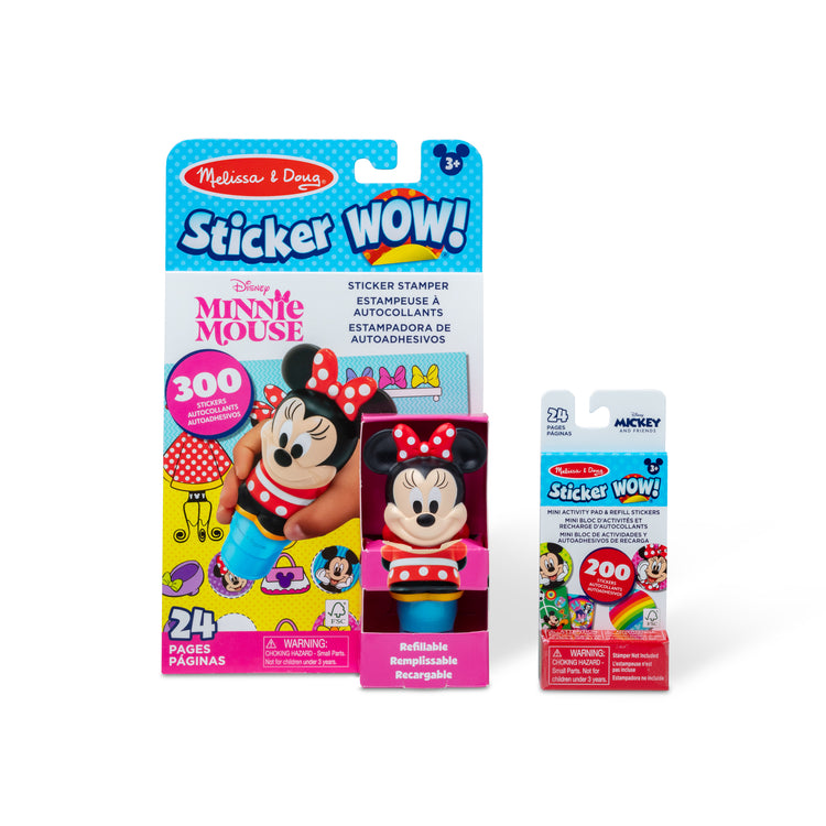 The front of the box for The Melissa & Doug Sticker WOW!™ Disney Minnie Mouse Bundle: 24-Page Activity Pad, Sticker Stamper, 500 Stickers, Mini Pad, Arts and Crafts Fidget Toy Collectible Character