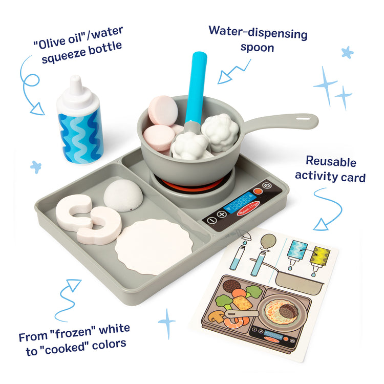The loose pieces of The Melissa & Doug Simmer & Stir Stovetop Play Set with Water WOW!® Color Changing Play Food Preschool Toy Ages 3+