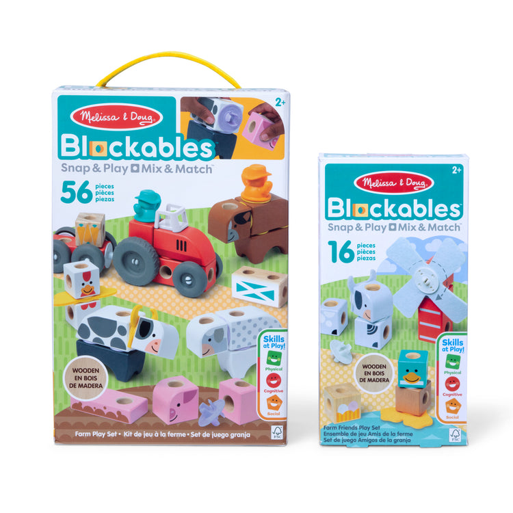 The front of the box for The Melissa & Doug Blockables™ Farm and Farm Friends 2-Pack Bundle Connectable Wooden Building Blocks Preschool Play Set Toy