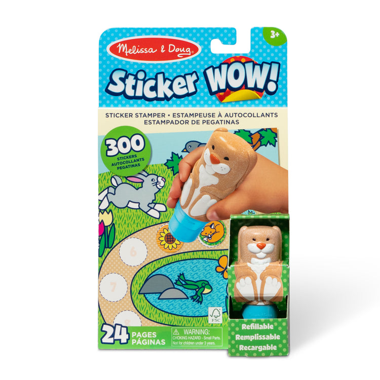 The front of the box for The Melissa & Doug Sticker WOW!™ 24-Page Activity Pad and Sticker Stamper, 300 Stickers, Arts and Crafts Fidget Toy Collectible Character – Bunny