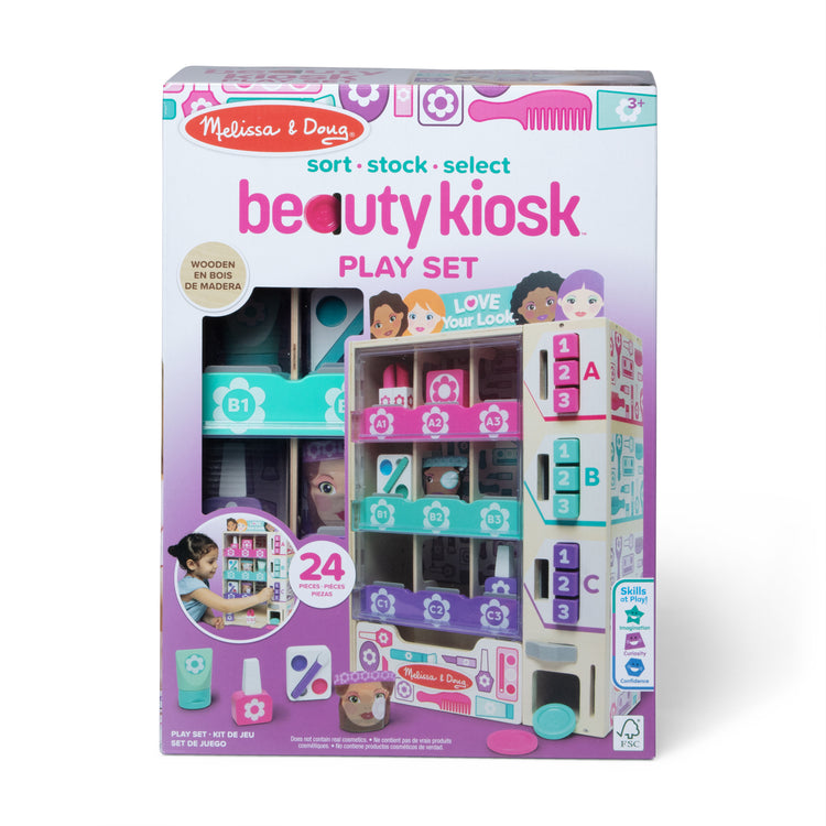 The front of the box for The Melissa & Doug Sort, Stock, Select Beauty Kiosk Vending Machine Play Set, Pretend Makeup Wooden Toy For Boys and For Girls 3+