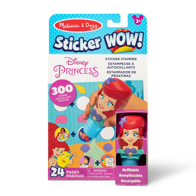 The front of the box for The Melissa & Doug Sticker Wow!™ 24-Page Activity Pad and Sticker Stamper, 300 Stickers, Arts and Crafts Fidget Toy Collectible Character – Disney Princess Ariel - for Kids Ages 3+
