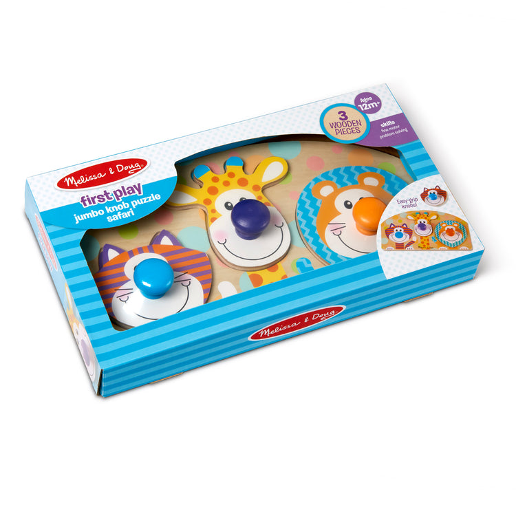 The front of the box for The Melissa & Doug First Play Wooden Jumbo Knob Safari Animal Puzzle (3 pcs)