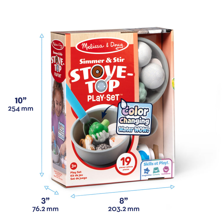 A kid playing with The Melissa & Doug Simmer & Stir Stovetop Play Set with Water WOW!® Color Changing Play Food Preschool Toy Ages 3+