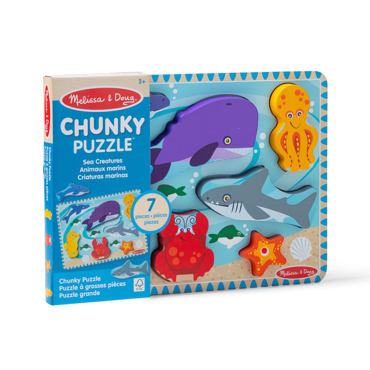 The front of the box for The Melissa & Doug Sea Creatures Ocean Wooden Chunky Puzzle - 7 Pieces