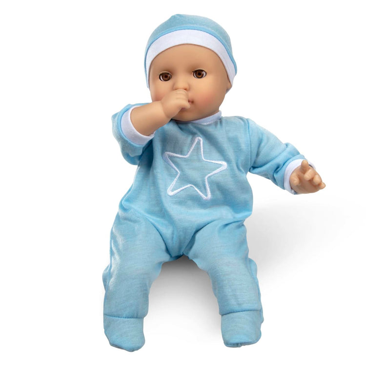 An assembled or decorated the Melissa & Doug Mine to Love Jordan 12” Light Skin-Tone Boy Baby Doll with Romper, Cap, Pacifier