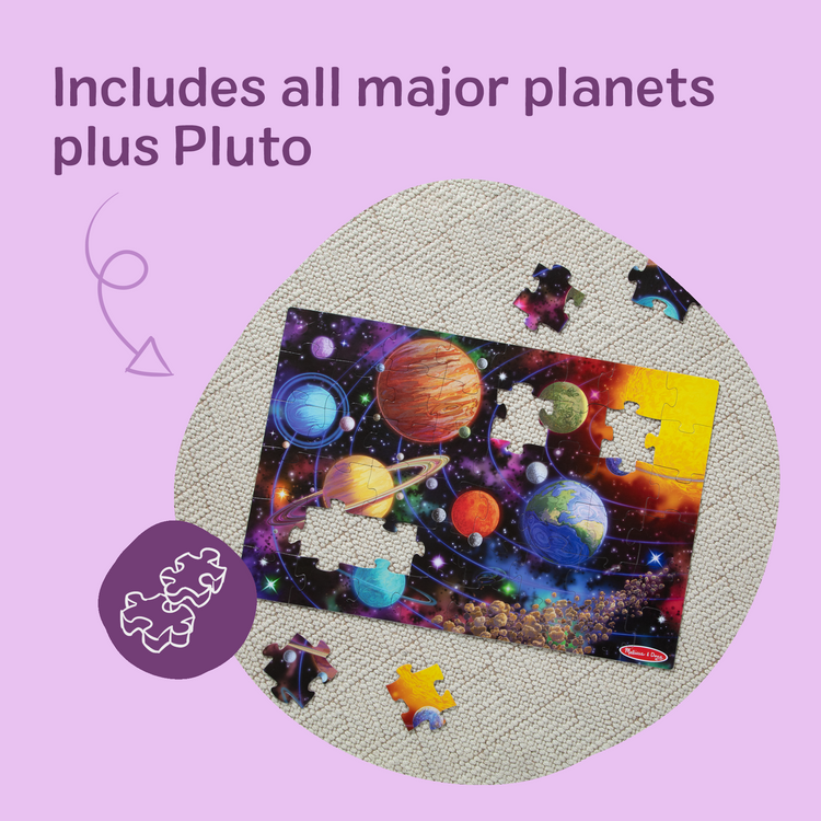 The front of the box for The Melissa & Doug Solar System Jumbo Floor Puzzle, 48-Piece Space-Themed Jigsaw Puzzle With Planet Guide, 3 x 2 Foot Kids Puzzles for Toddlers Ages 3+ (No Text on Puzzle)